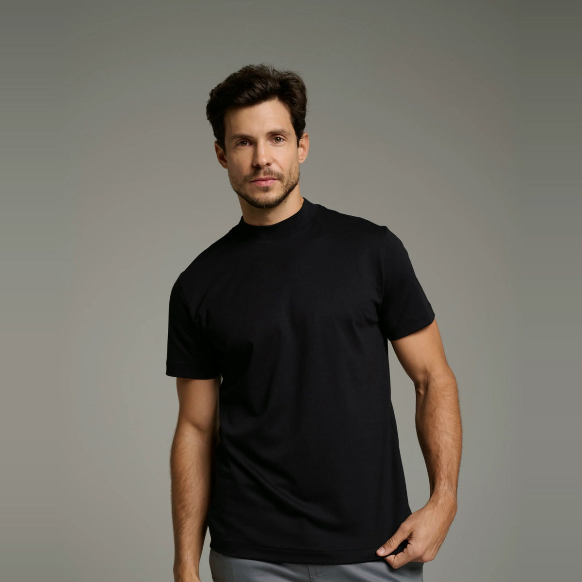 Pima High-Neck T-Shirt in black, short sleeve