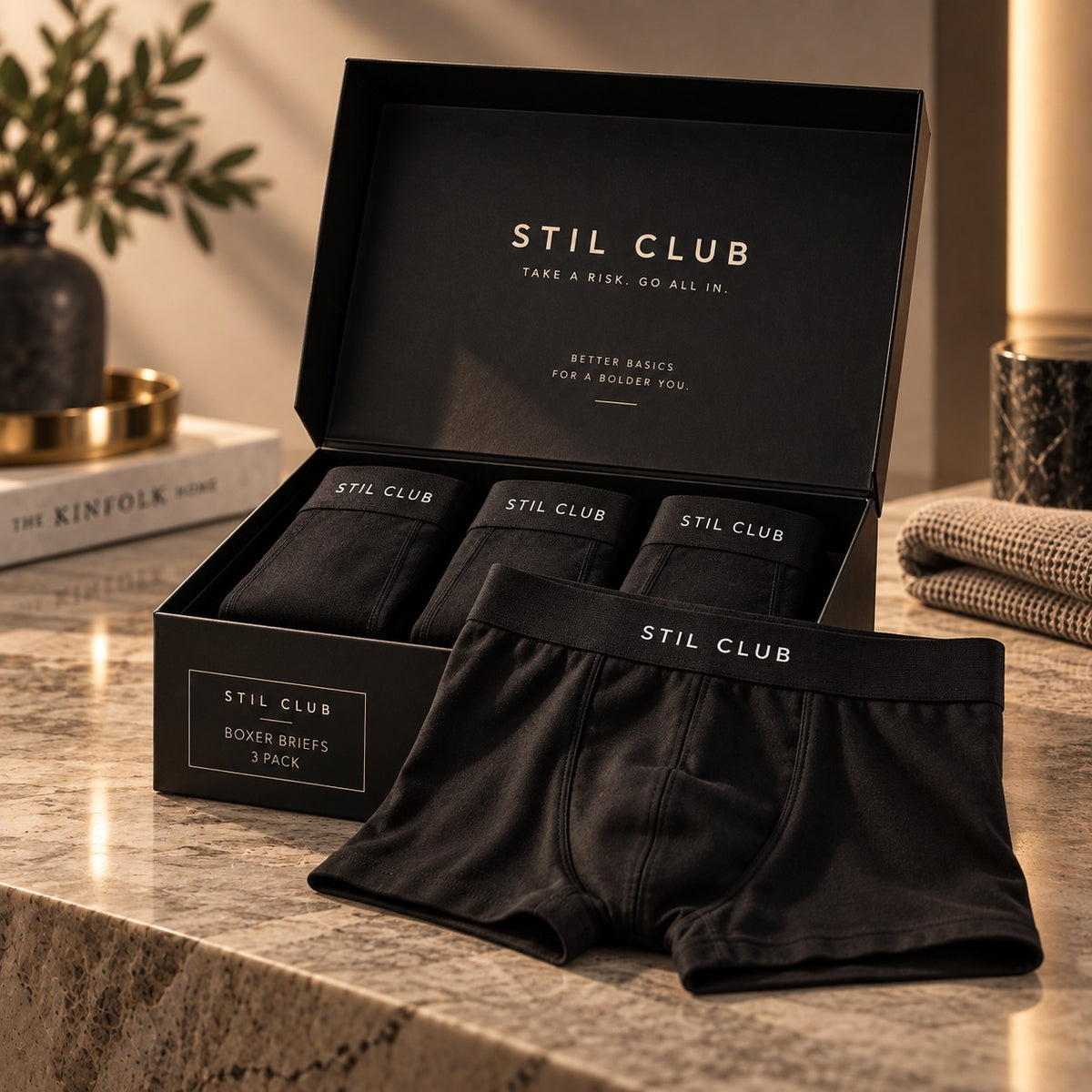 Stil Club presentation box, opened, with boxer briefs folded inside